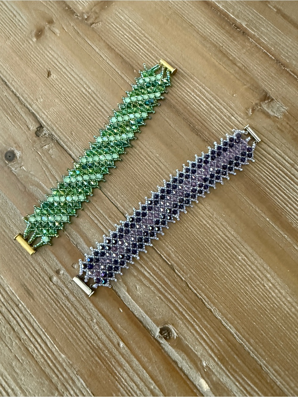 Set of 2 Beaded Crystal Cuff Bracelets – Magnetic Clasps – Green & Purple